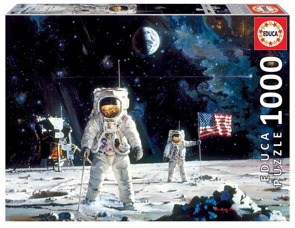 Two astronauts on the moon with the lunar lander and Earth in the background