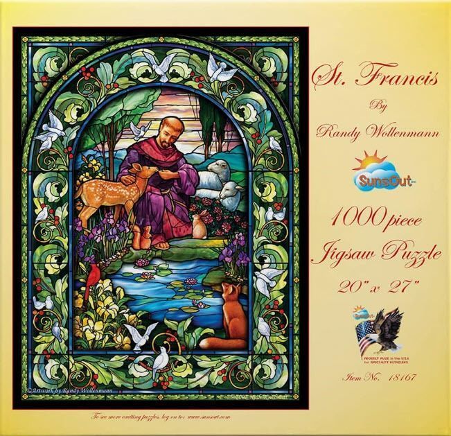 Stained glass style illustration of St. Francis of Assisi surrounded by woodland animals by a pond.
