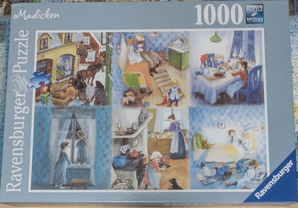 A montage of six illustrations depicting daily life and winter scenes from Madicken.