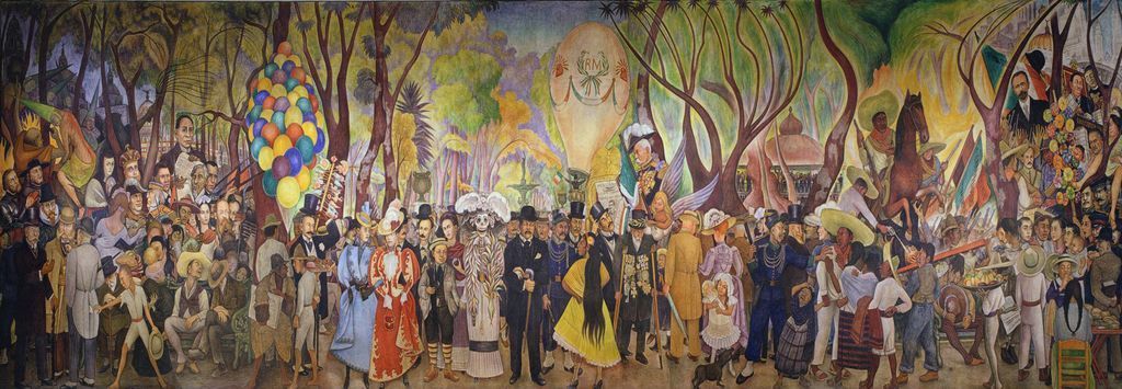 A panoramic mural showing a surreal, dense crowd of historical figures, masked individuals, and festive balloons in a park.