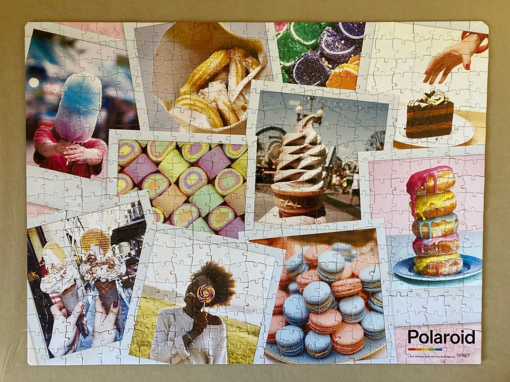 A collage of various Polaroid-style photographs featuring desserts, sweets, and people.