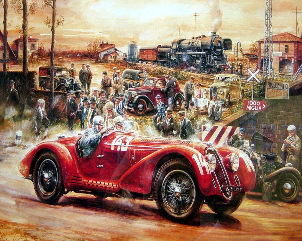 A vintage red racing car driving past a crowd and a steam train in a golden-hued rural setting.