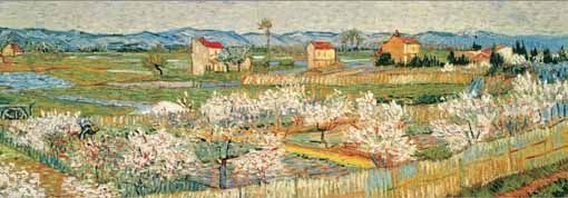 A panoramic landscape painting of a lush, blooming orchard beneath distant blue mountains.