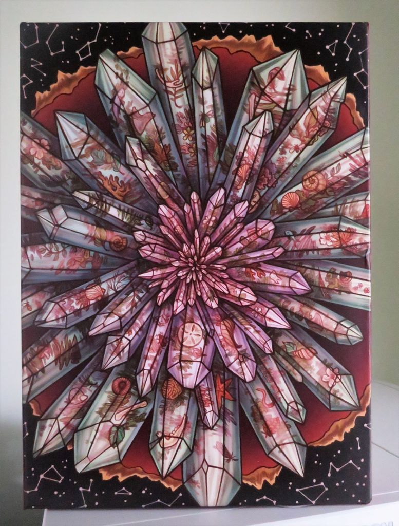 An illustration of a large crystal cluster containing flowers, seashells, and insects against a dark celestial background.