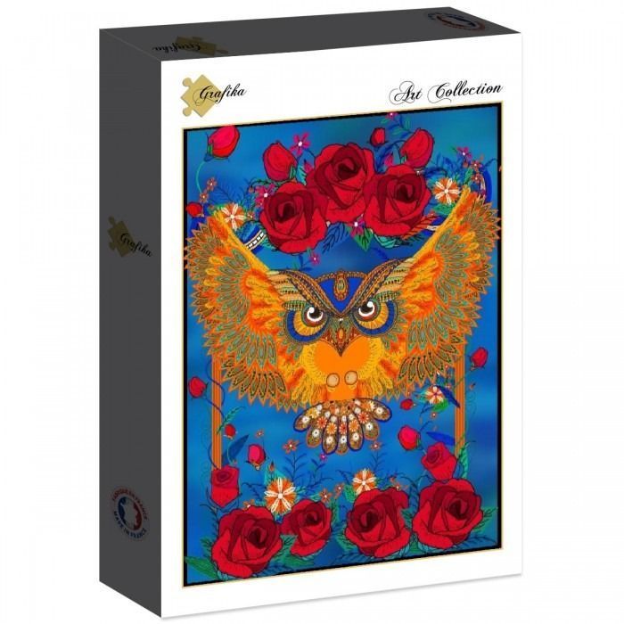 An illustration of an ornate, glowing owl with wings spread wide, surrounded by vibrant red roses against a blue sky.
