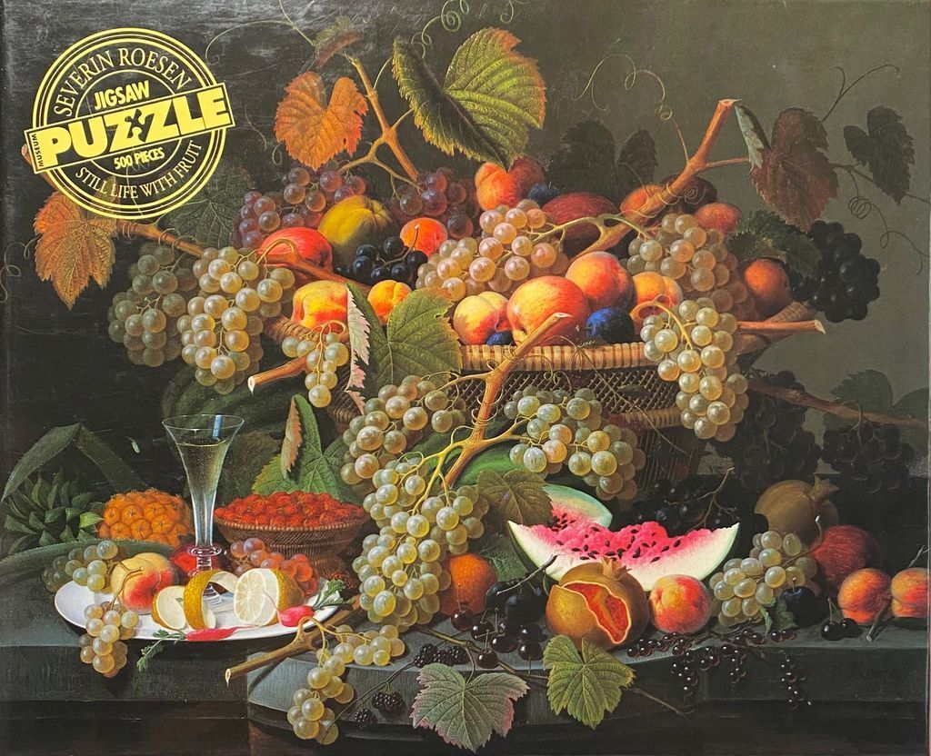Still life painting of a bountiful harvest of grapes, peaches, watermelon, and other fruits in a basket.