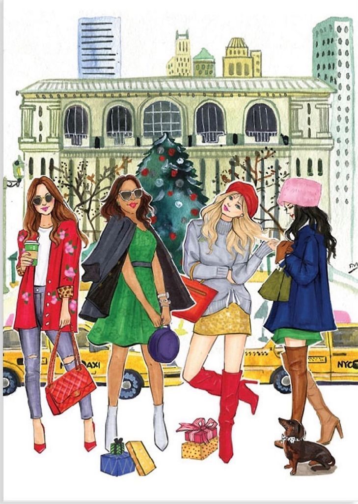 Four fashionable women standing in front of a New York City building with a Christmas tree and yellow taxis.