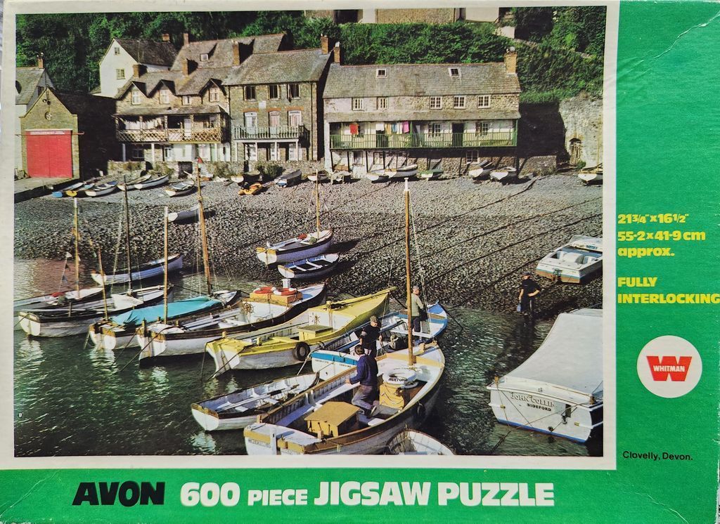 A photograph of boats moored at a rocky shoreline in front of stone cottages in Clovelly, Devon.