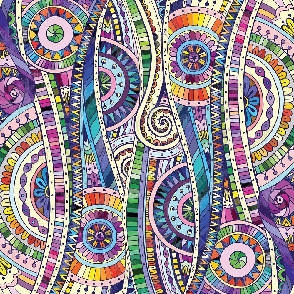 A dense, vibrant abstract pattern featuring swirling organic lines, semi-circles, and intricate geometric mandalas.