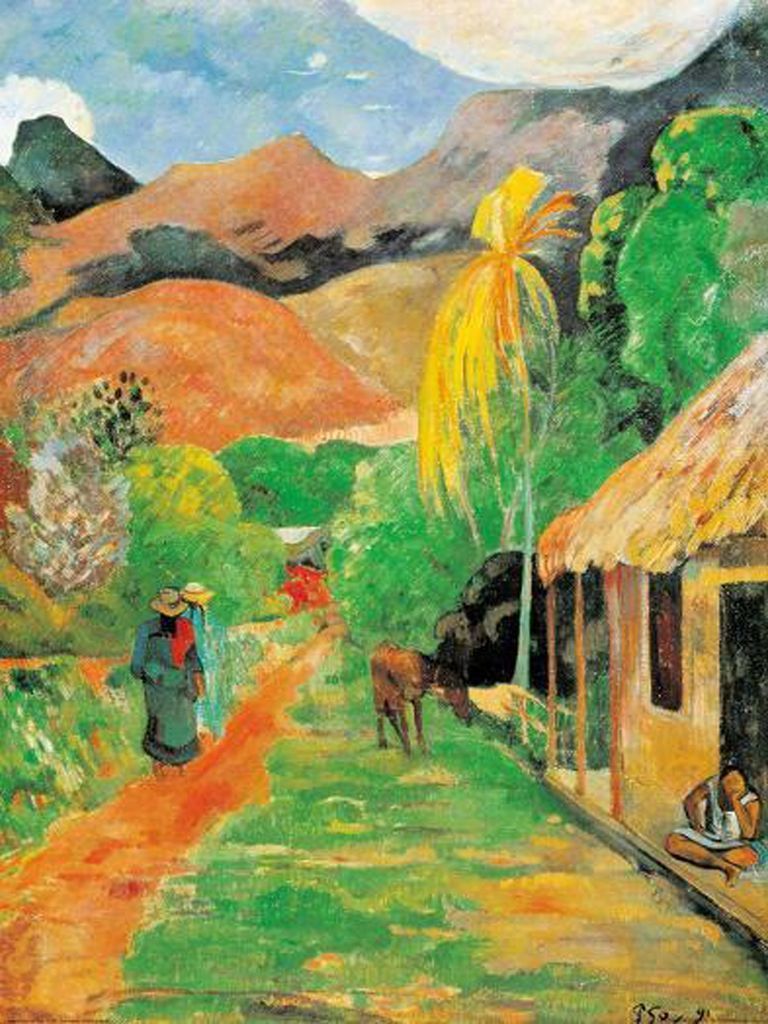 A post-impressionist oil painting of a tropical landscape with mountains, a dirt path, and figures near a hut.