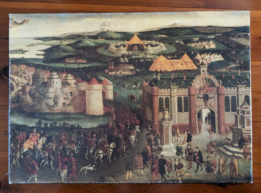 Historical painting of a 16th-century royal procession entering a fortified town near a military encampment.