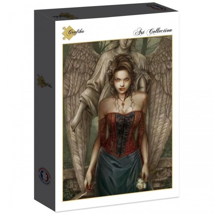 A gothic illustration of a woman in a red corset standing in front of a stone angel statue holding a white rose.