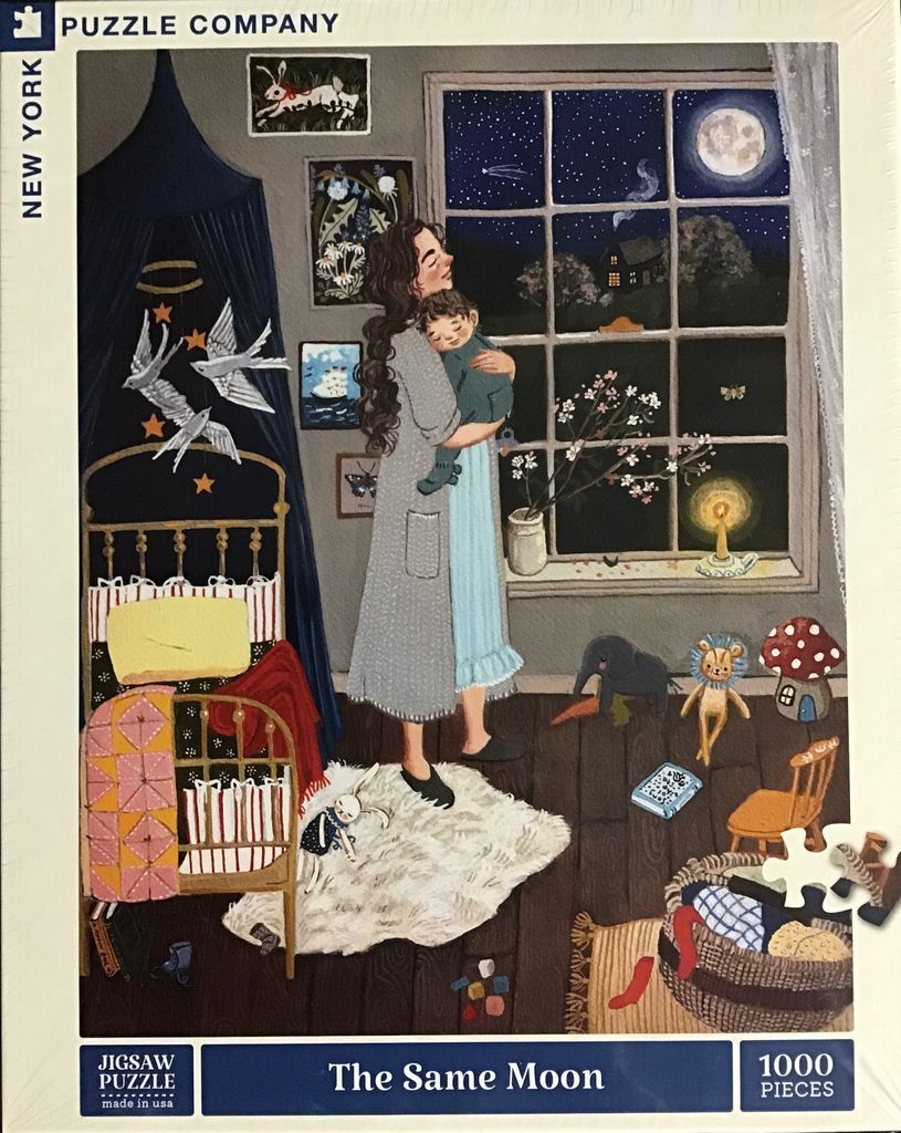 An illustration of a mother holding her baby in a cozy bedroom while looking out at a starry night sky.