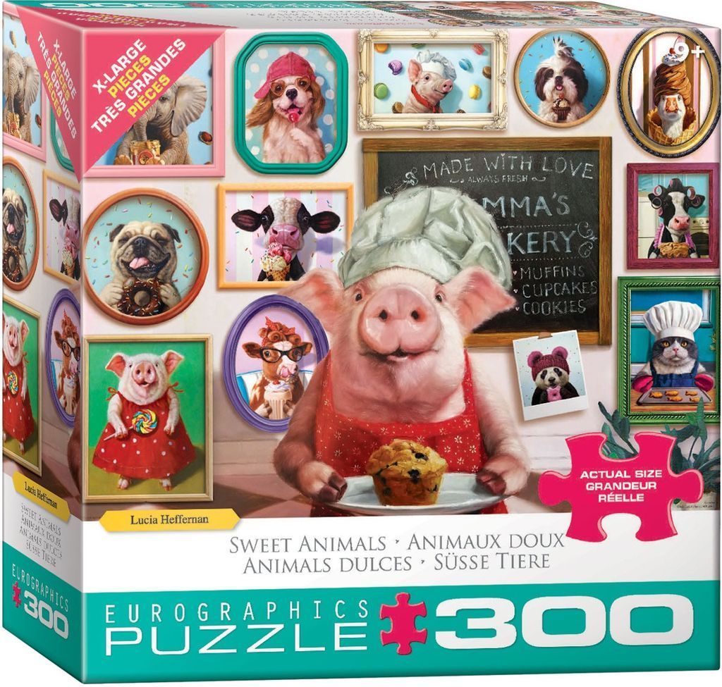 A collage of cute animals dressed as bakers and eating sweets, surrounding a central pig in a chef's hat.