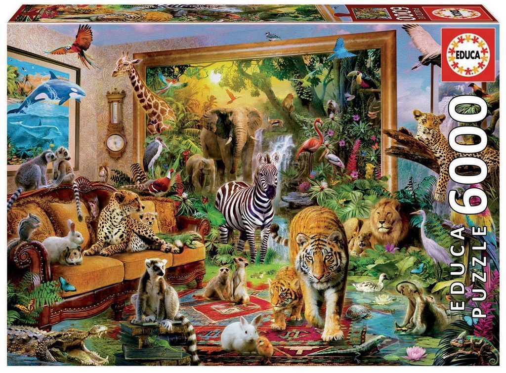 A whimsical indoor scene filled with various exotic wild animals, including a tiger, zebra, elephant, and giraffe.