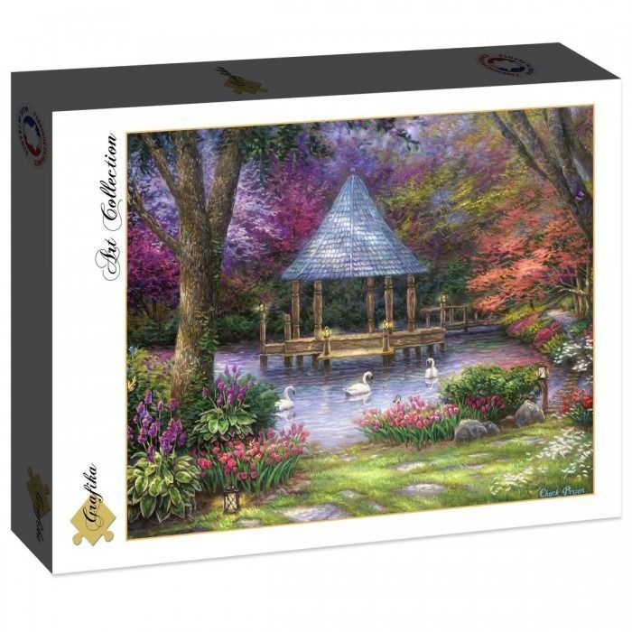 Oil painting of a gazebo on a lake surrounded by lush, colourful gardens and white swans.