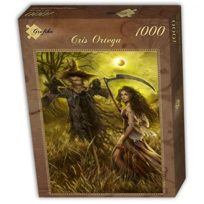 Fantasy illustration of a scarecrow and a young woman with a scythe standing in a field under a yellow sky.