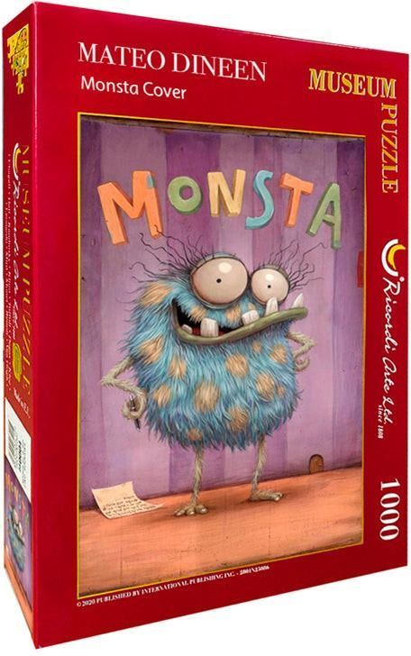 An illustration of a furry blue monster standing in front of a purple wall with the word MONSTA in large colorful letters.