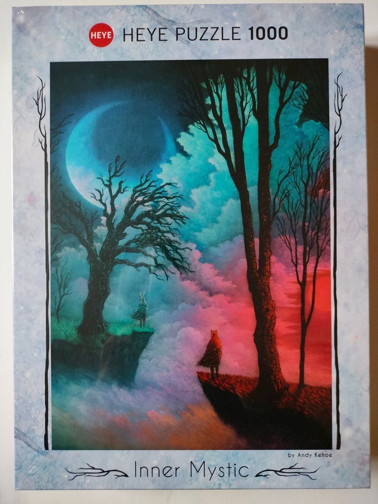 An ethereal, surrealist landscape featuring two silhouetted figures on opposing cliffs under a glowing crescent moon.
