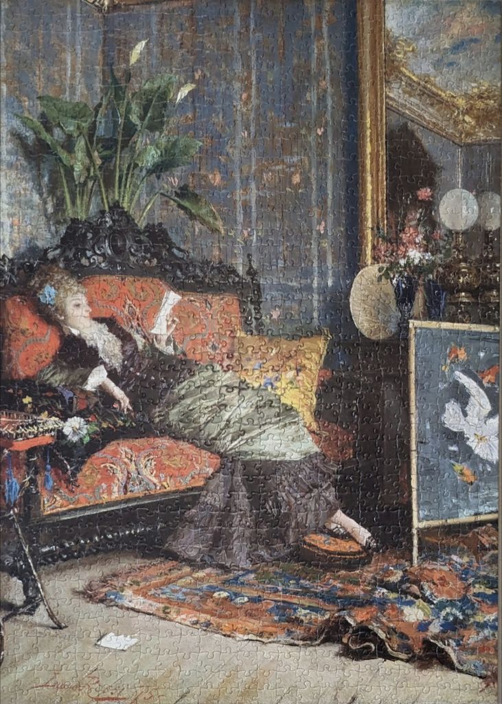 An oil painting of an elegant woman lounging on a decorative settee in a Victorian-style parlor.