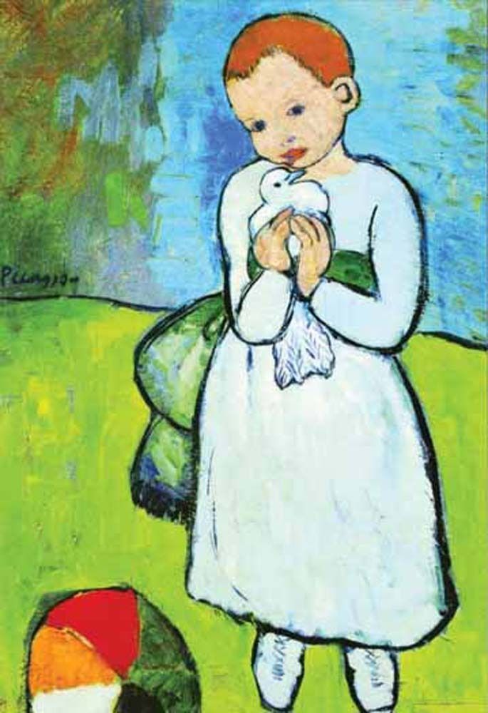 A young child with reddish hair wearing a white dress and holding a white bird, standing on a bright green field.