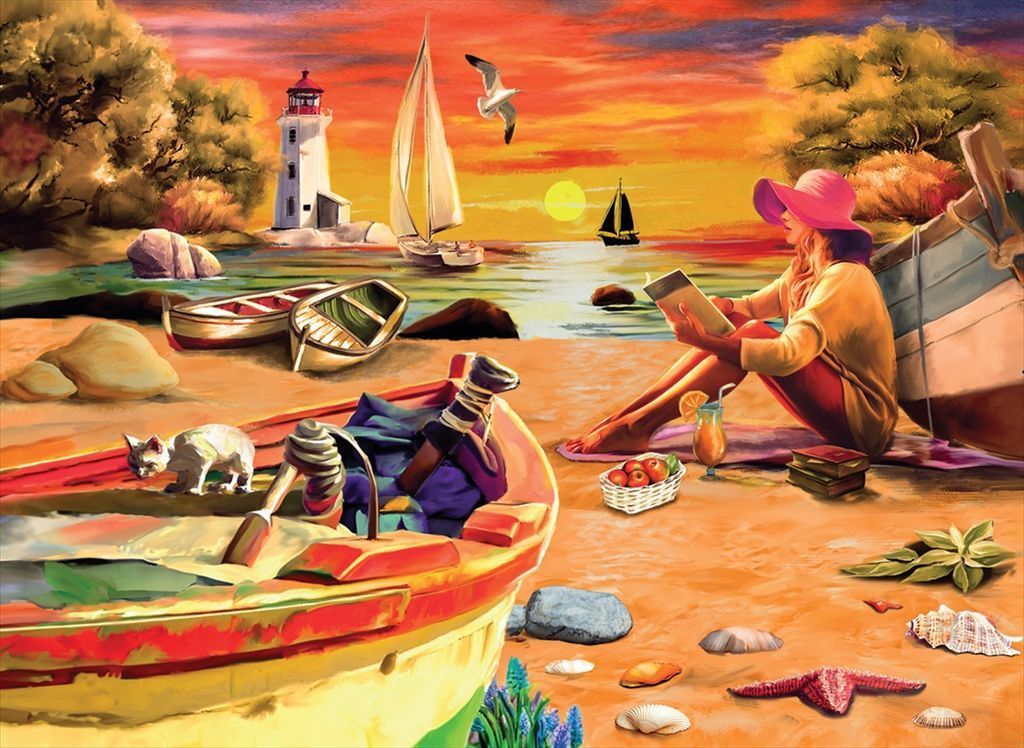A woman reading on a sunny beach with boats, a lighthouse, and a cat nearby at sunset.