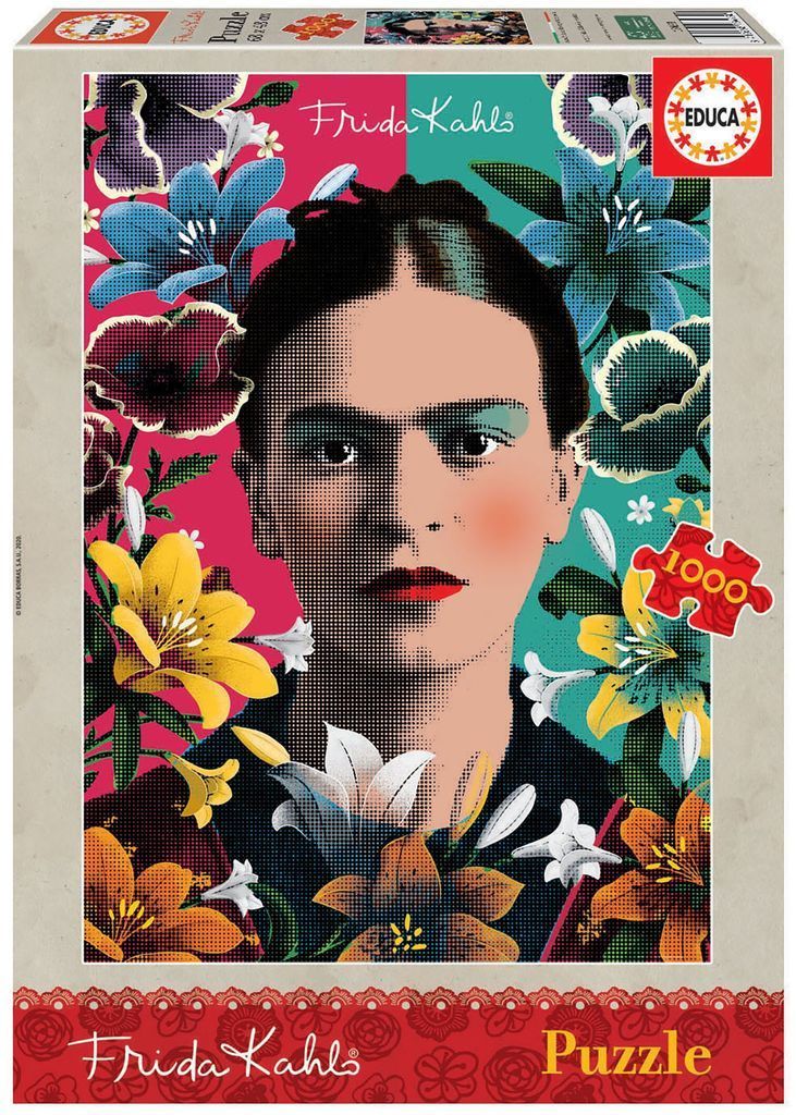 Stylized portrait of Frida Kahlo with colorful flowers in a halftone print style.