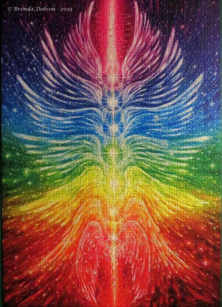 A digital illustration of a glowing, rainbow-colored winged figure rising through a cosmic space.