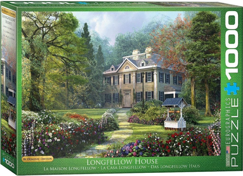 A classic two-story yellow colonial house surrounded by a lush garden, large trees, and a stone well.