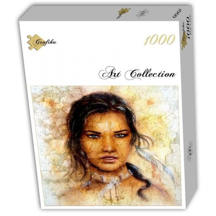 Close-up digital illustration of a woman with long dark hair and tribal markings against a textured, cracked background.