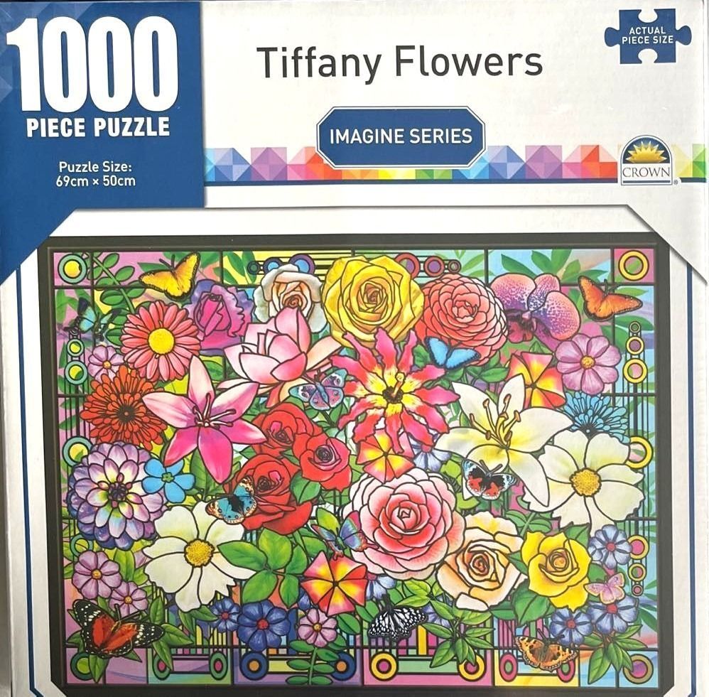 Stained glass style illustration featuring a dense arrangement of colorful flowers and butterflies.