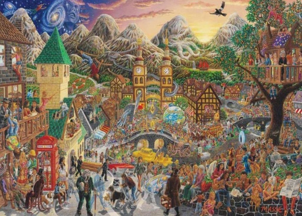 A sprawling, surreal illustration featuring a bustling village filled with fantasy figures, hidden details, and landmarks.