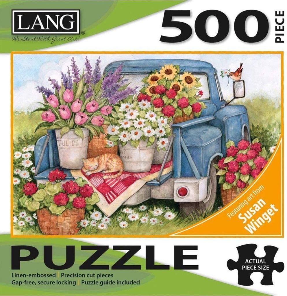 A watercolor illustration of a vintage blue truck filled with baskets of colorful flowers and a sleeping orange tabby cat.