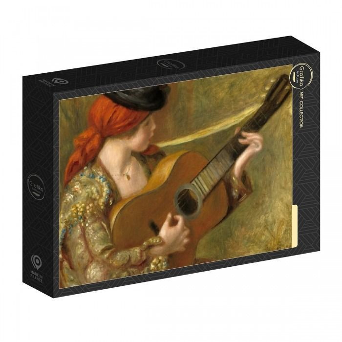 An oil painting of a woman with red hair playing a guitar