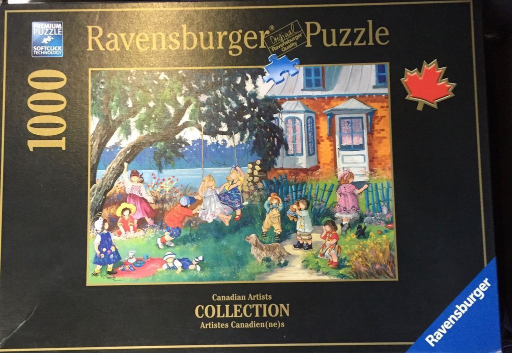 An illustration of children playing in a lush garden in front of a cozy red brick cottage.