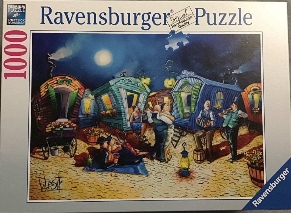 A whimsical nighttime scene of people gathered among colorful vintage caravans, dancing and playing music.