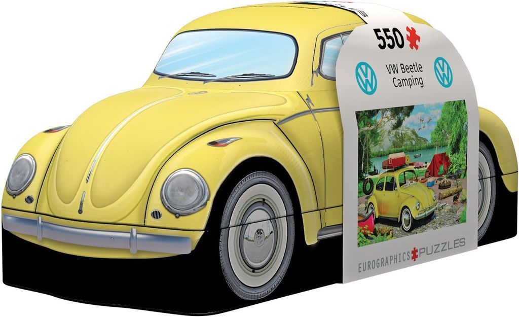 A die-cut yellow Volkswagen Beetle car illustration featuring a camping scene.