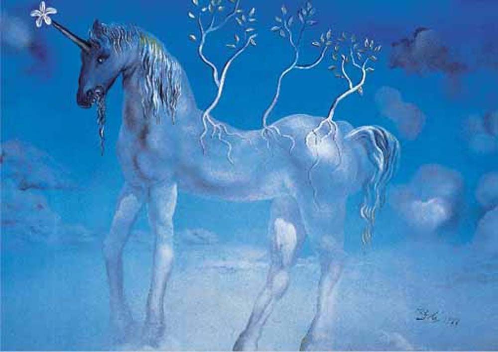 A surreal blue unicorn standing against a clouded sky with three thin, white saplings growing out of its back.