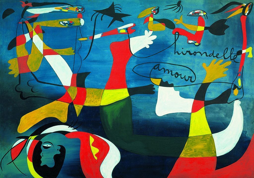 Abstract surrealist painting featuring colorful, whimsical shapes, black lines, and the French words hirondelle and amour.