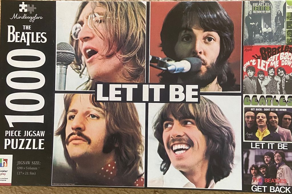 A collage of portraits of The Beatles and various album and single cover artwork.