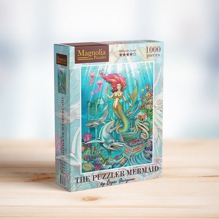 Illustration of a mermaid swimming with sharks and an octopus near a sunken treasure chest underwater