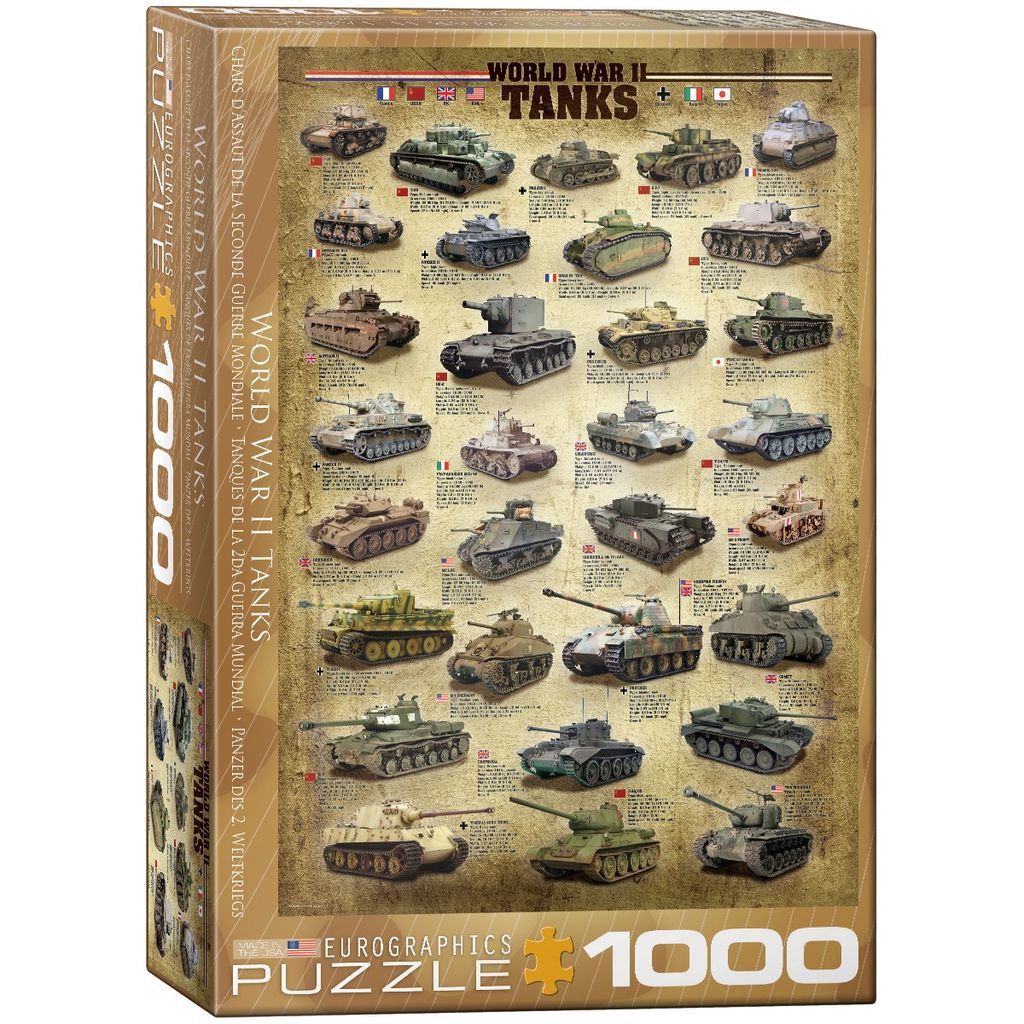 A collage of 25 World War II tanks arranged in a grid over a textured, tan background with national flags and text.