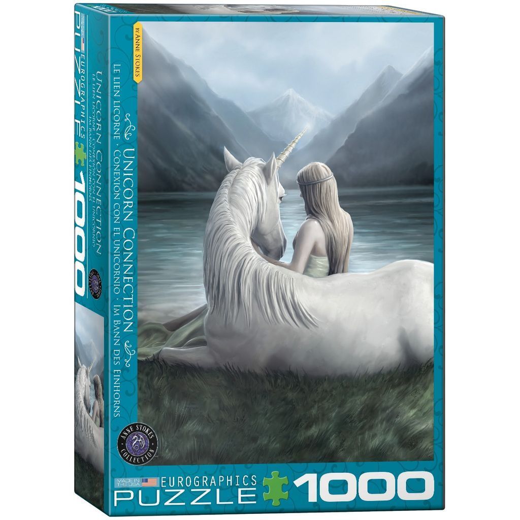 Fantasy illustration of a young woman sitting in a meadow with a white unicorn overlooking a mountain lake.