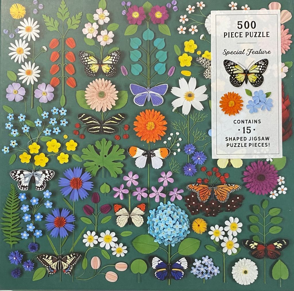 A flat-lay illustration of various paper-craft style butterflies and colorful flowers arranged on a deep green background.