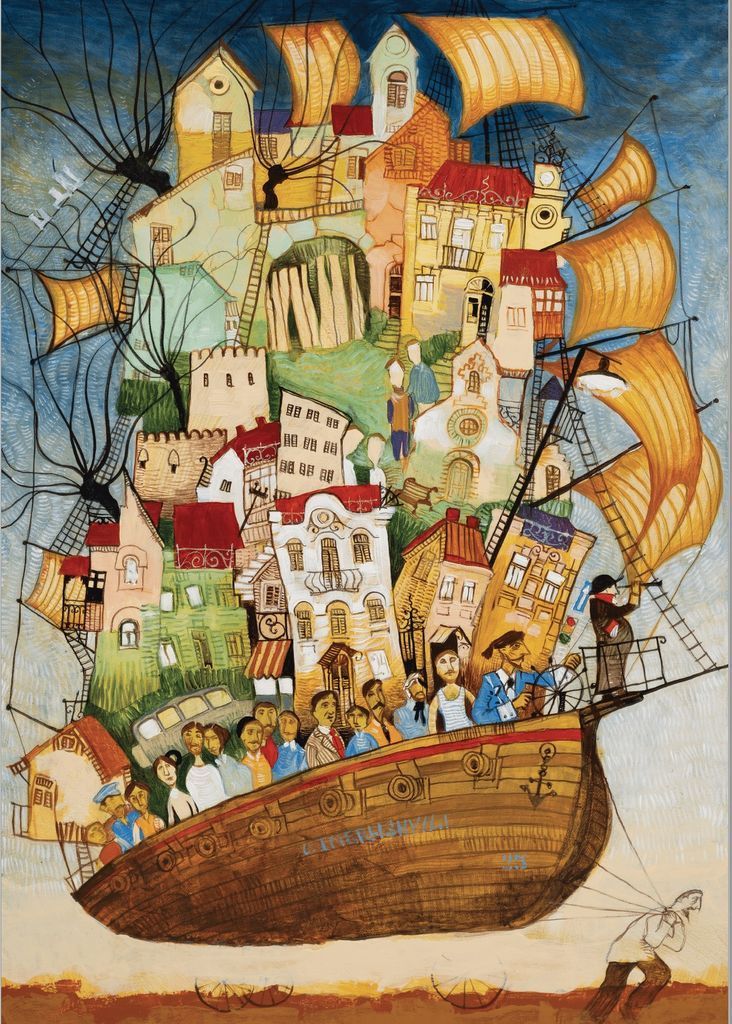 An illustration of a whimsical sailing ship carrying a town on its deck, with people observing from the sides.