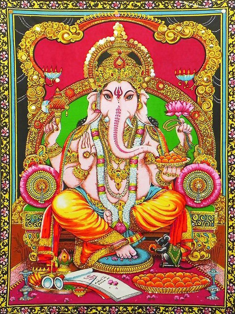 A vibrantly colored, traditional illustration of the Hindu deity Ganesha seated on a throne.