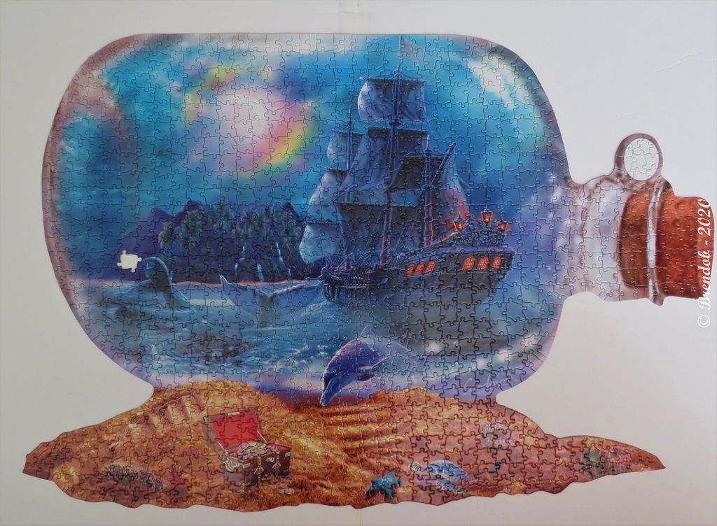 A fantasy illustration of a galleon inside a glass bottle on a sandy beach.