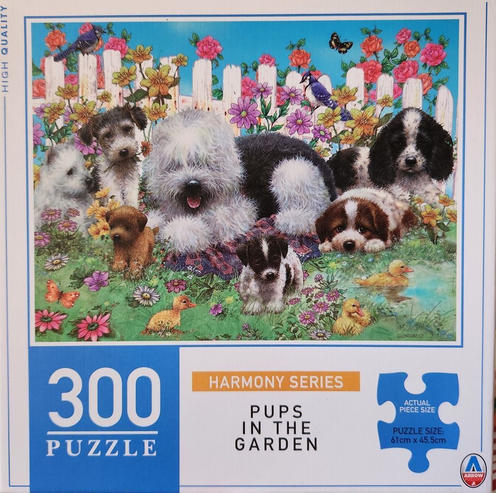A whimsical illustration of several puppies and ducklings in a vibrant, flower-filled garden.