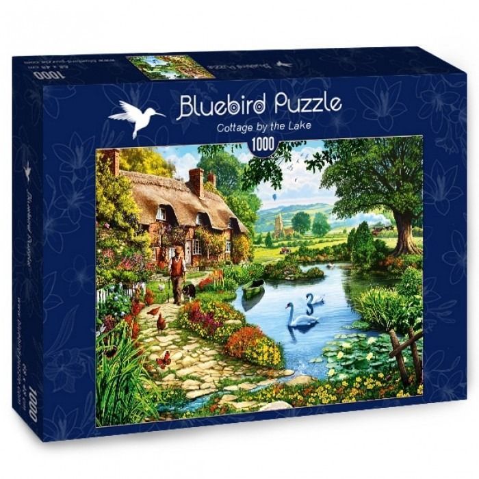 A scenic illustration of a thatched-roof cottage by a tranquil lake with swans, a man, and a dog on a garden path.