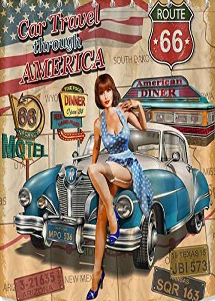 A vintage pin-up woman sitting on the hood of a classic teal and white car with Route 66 signs in the background.